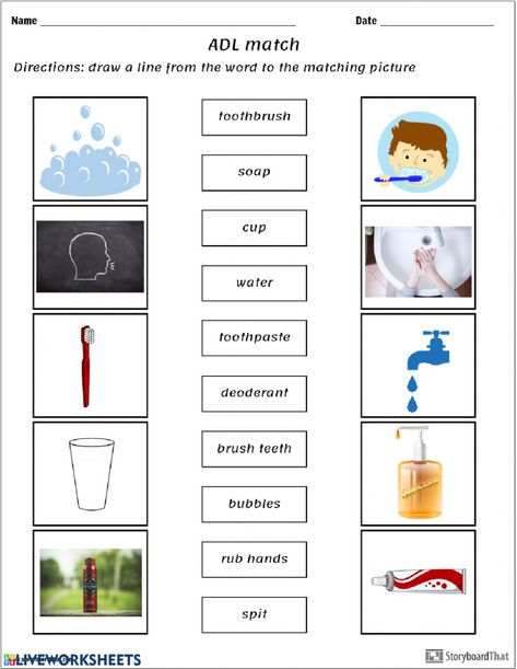 ADL Match - Interactive worksheet Adls Activities, Hygiene Worksheet, Match Worksheet, Bubble Wrap Art, Good Hygiene, Emotional Activities, School Safety, Social Emotional Activities, State School