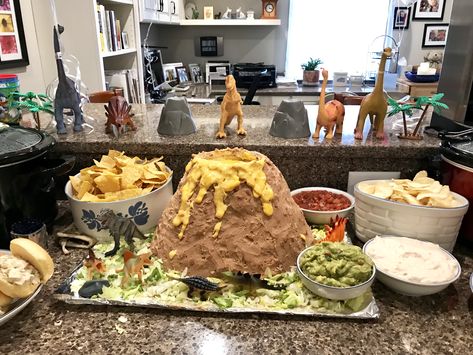 Dinosaur Buffet Parties Food, Dinosaur Dog Birthday Party, Dinosaur Taco Bar, Dinosaur Nacho Bar, Charcuterie Board Dinosaur, Dinosaur Themed Charcuterie Board, Dinosaur Taco Party, Dino Nugget Mashed Potato Volcano, Dinosaur Dip