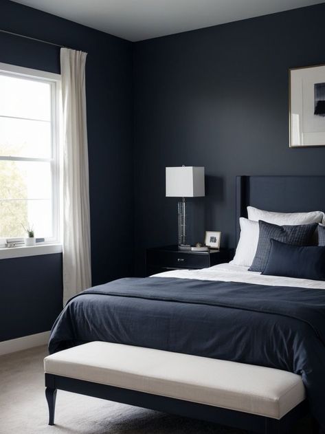 Navy Panelling Bedroom, Grey Bedroom Walls, Navy Panelling, Dark Blue Bed, Gray Floors Bedroom, Dark Accent Wall, Dark Gray Bed, Dark Accent Walls, Gray Bedroom Walls