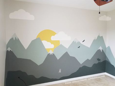 Boys Room Wall Art Paint, Night Sky Mountain Mural Nursery, Mountain Mural Kids Room, Nursery Mountain Mural, Kids Church Rooms, Nursery Wall Painting, Kids Room Murals, Kids Room Paint, Nursery Wall Murals