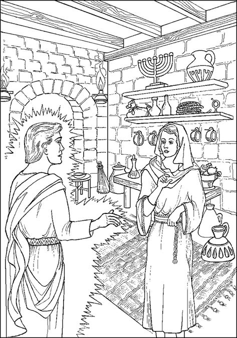 Angel Appears to Mary - Coloring Page Angel Appears To Mary, Angel Visits Mary, Mary Coloring Page, Bible Coloring Sheets, Christmas Sunday School, Angel Coloring Pages, Sunday School Coloring Pages, Christmas Bible Verses, One God