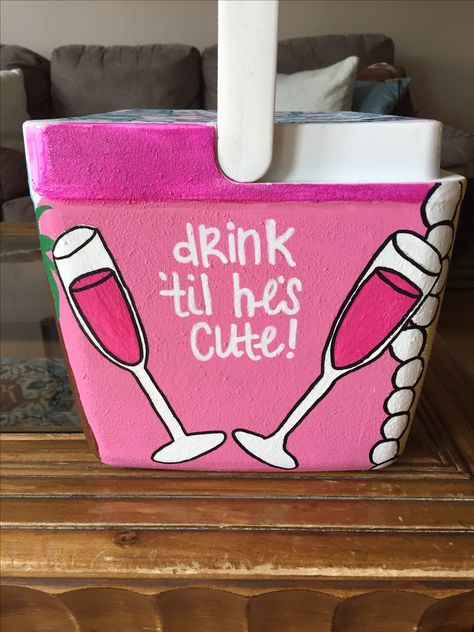 Girl Cooler Painting, Girly Painted Cooler, Sorority Cooler Ideas, Girly Cooler Painting, Painted Coolers For Girls Ideas, Painting Cooler Ideas, Cooler Painting Ideas, Cup Pong, Sorority Baskets