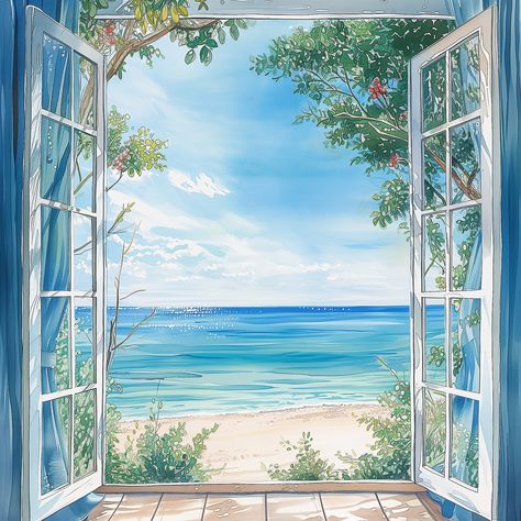 Beach View From Window Drawing, Beautiful Window View, Window Scenery Painting, Beach Pictures Drawing, Sea Beach Drawing, Window View Drawing, Window View Illustration, View Art Painting, Beach Watercolor Paintings