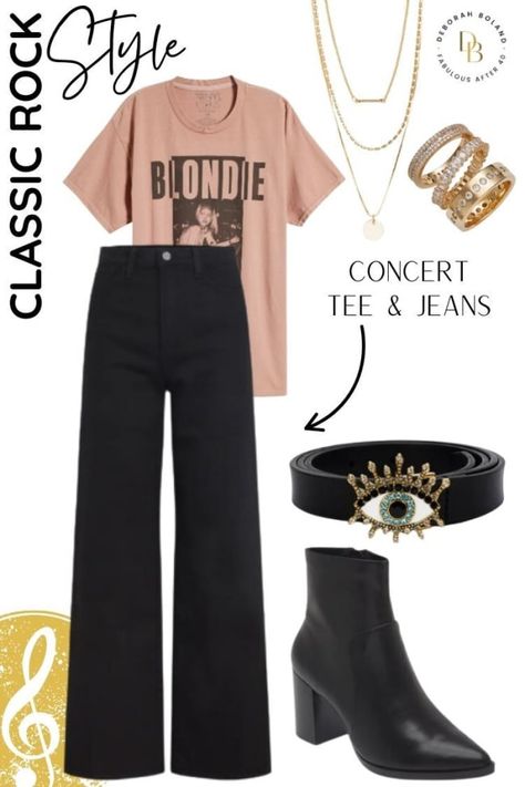 Outfits For Rock Concert Summer, 40 Year Old Concert Outfit, Black T-shirt For Spring Concert, What To Wear To A P!nk Concert, Rock Style Concert T-shirt For Summer, Rocker T-shirt For Summer Concert, Blondie Concert, Concert Outfit Rock, Casual Night Out