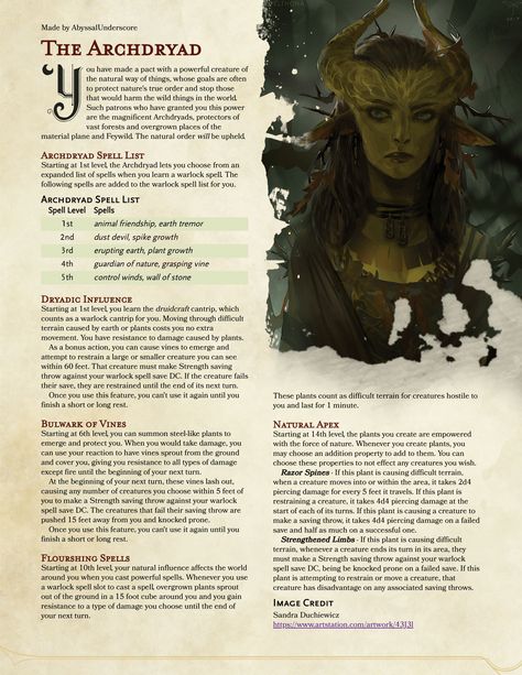 Reddit - UnearthedArcana - The Archdryad | A Patron with The Power to Protect the Natural Way (Warlock Subclass, v1) Dnd Warlock Subclasses, Warlock Patrons 5e, Dnd Patrons, Mythical Races, Warlock 5e, Dnd Archetypes, Warlock Patron, Dnd Warlock, Warlock Dnd