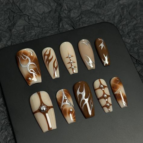 How would you choose among these 4 nail styles? #pressonnails #nails #nailsofinstagram #nailsnailsnails #nailart #y2k #y2knailart #y2knails #fyp #gafanail #summernails Ftp Nails, Y2k Press On Nails, Fall Nail Inspired, Brown Y2k Nails, White Fall Nails, Nail Art Y2k, Nail Y2k, Y2k Nail Art, Y2k Nail