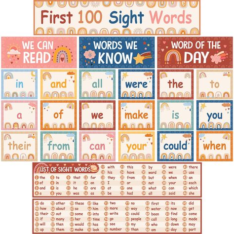 PRICES MAY VARY. Words Learning Cards: this set of sight words pocket chart cards can help teachers and parents to enhance kids' reading and writing skills in the classroom or at home, and also create an easy and fun learning atmosphere Useful and Practical: the boho rainbow sight words card set can be applied as pocket charts or flashcards, and is also suitable for decorating wall or bulletin board for preschool, kindergarten, primary school, and homeschool Ideal for Classroom Decoration: these Sight Word Bulletin Board, First 100 Sight Words, 100 Sight Words, Focus Boards, Pocket Charts, Rainbow Words, Learning Sight Words, Sight Word Cards, Preschool Bulletin Boards