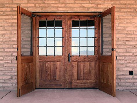 rustic style double entry doors | Rustic Doors with Security Grills - WGH Woodworking Rustic Entry Doors, Restaurant Door, Double Front Entry Doors, Double Door Entryway, Rustic Entry, Basement Entrance, Rustic Exterior, Double Front Doors, Double Entry Doors