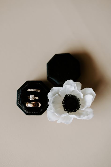 Hexagon simple ring box for my winter black and white wedding Wedding Ring Box Detail Shots, Ring Box Photography, Chic Winter Wedding, Winter Black And White, Black Ring Box, Black And White Rings, Wedding Flatlay, Private Ceremony, Box Photography