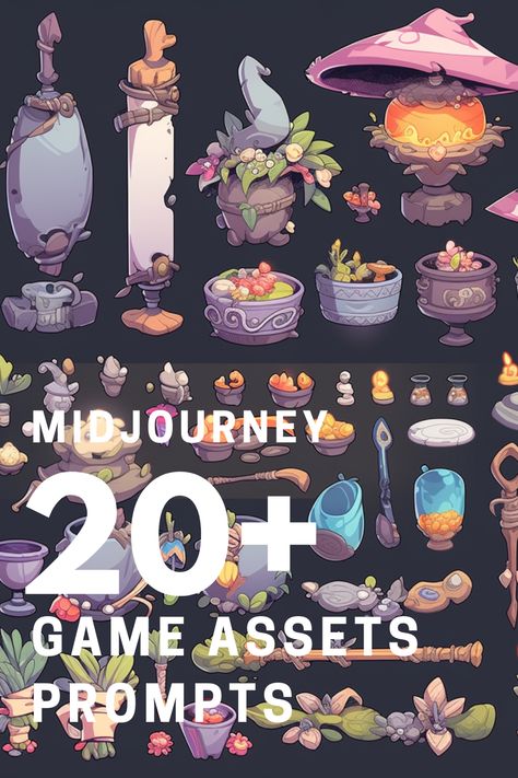 Create High-quality and well-optimized assets that contribute to a visually stunning and engaging gaming experience. #midjourney #aiart #midjourneyprompts #game #uisassets #magicportions #treasurechest #gameitems Digital Assets Design, Game Elements Design, Blender Game Assets, Video Game Design Ideas, Game Assets 2d Pixel Art, Game Concept Design, Cute Game Design, 2d Game Assets, Game Props Concept Art