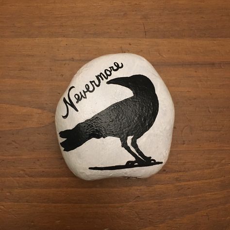 Poe “Raven” Painted Rock Raven Painted Rock, Crow Painted Rocks, Crow Painting Easy, Mud Kitchen For Kids, Yard Crafts, Fall Paintings, Rock Animals, Crow Painting, Painting Stones