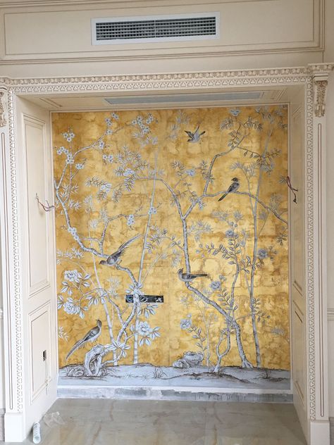 Chinoiserie Panel, De Gournay Wallpaper, Tapete Gold, Painted Bamboo, Wallpaper Panel, Hand Painted Wallpaper, Chinoiserie Wallpaper, Hand Painted Walls, Gold Wallpaper