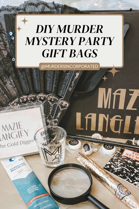 DIY Murder Mystery Party Gift Bags Masquerade Party Gifts, Agatha Christie Party Ideas, Masquerade Dinner Party Ideas, Speakeasy Party Favors, 1920s Gift Ideas, Mystery Theme Party, Mystery Crafts, Clue Party, Mystery Date