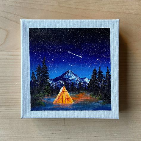 Lit up tent camped under the stars. Acrylic painting on 6x6 canvas. Camping Painting Easy, Camping Painting, Cartoon House, Small Canvas Paintings, Canvas Small, Star Painting, Simple Canvas Paintings, Easy Canvas, Easy Canvas Art