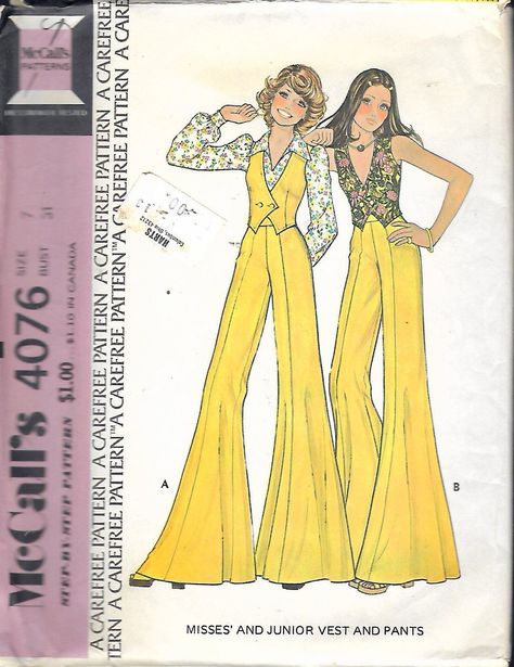 1974 McCall's 4076 Juniors Vest & Super Wide Bell Bottom Flared Pants Sewing Pattern - Size 7, Bust 31" 70s Sewing Patterns, Sewing Patterns Skirt, Vintage Clothes Patterns, Vest Sewing Pattern, 1970s Sewing Patterns, Beginner Sewing Patterns, 70s Women, Pants Sewing Pattern, Vintage Dress Patterns