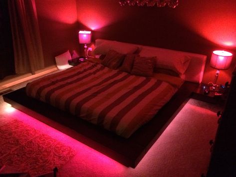 Can't forget the finishing touches with Phillips HUE programmable WiFi lighting... Red Lights Bedroom, Red Room Decor, Neon Bedroom, Led Lighting Bedroom, Neon Room, Red Lights, Dekorasi Kamar Tidur, Bedroom Red, Red Rooms