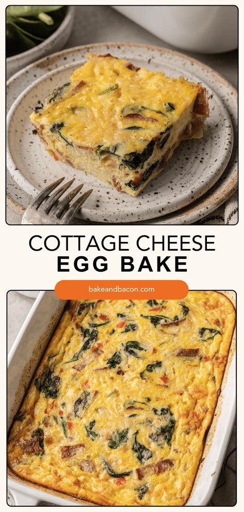 Cottage Cheese Egg Bake Cottage Cheese Egg Bake, Healthy Egg Bake, Cheese Egg Bake, Bacon Egg Bake, Veggie Egg Bake, Cottage Cheese Breakfast, Cottage Cheese Eggs, Baked Eggs Recipe, Veggie Breakfast