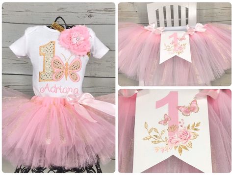 Butterfly One Year Birthday Photoshoot, First Birthday Butterfly Theme Photoshoot, Smash Cake Butterfly Theme, Pink Butterfly 1st Birthday, Gold Butterfly Cake, Butterfly Tutu Birthday Outfits, Pumpkin Tutu, Butterfly 1st Birthday, High Chair Tutu