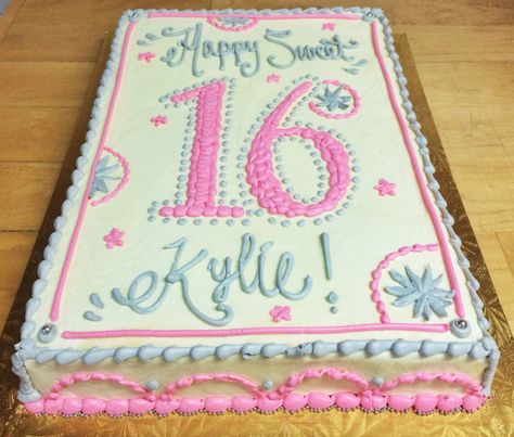 Sweet 16 birthday sheet cake by Mueller's Bakery!                              … 18th Birthday Cake Sheet Cake, Easy Sweet 16 Birthday Cakes Simple, Sweet 16 Sheet Cake Ideas, Buttercream Lettering, Sweet 16 Sheet Cake, Birthday Sheet Cake Ideas, Sheet Cake Ideas, Birthday Sheet Cake, Sweet 16 Cupcakes