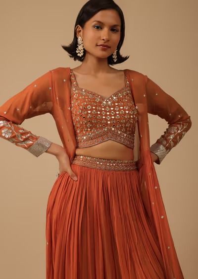 Fire Orange Palazzo Suit In Georgette With Mirror And Sequins Embroidery Indo Western Outfits, Western Dresses Online, Sharara Designs, Fire Orange, Latest Salwar Kameez, Kalki Fashion, Traditional Indian Dress, Indo Western Dress, Palazzo Suit