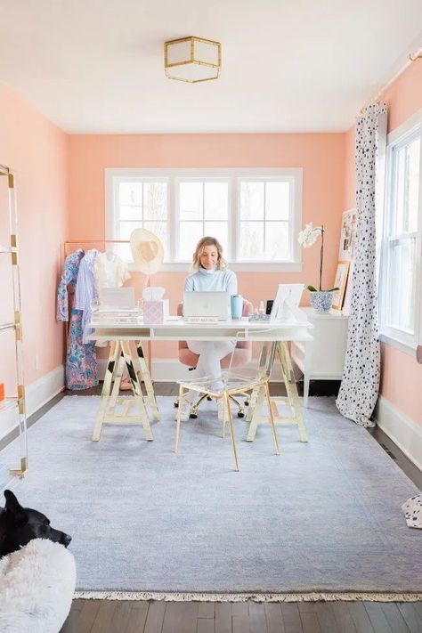 Home Tour (Before & Afters) - Lemon Stripes Coral Office Walls, Coral Office, Pink Home Offices, Pink Home Office, Girly Office, Office Paint Colors, Feminine Office, Office Paint, Feminine Home Offices