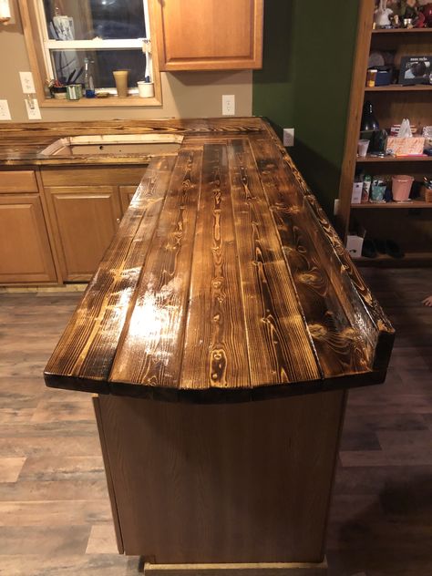 Burnt Wood Cabinets, Live Edge Kitchen Countertop, Burnt Wood Kitchen Cabinets, Diy Wood Kitchen Countertops, Burnt Wood Countertops, Burnt Wood Kitchen, Diy Wood Countertops Kitchen, Diy Wood Countertops, Rustic Farmhouse Furniture