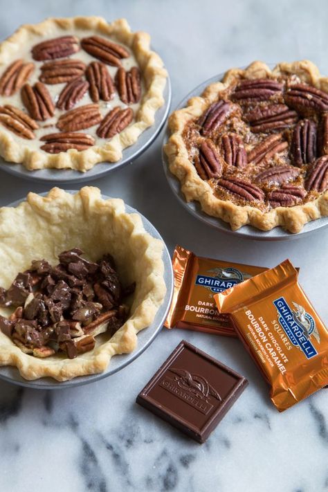 Mini Bourbon Caramel Derby Pies featuring Ghirardelli's NEW Dark Chocolate Bourbon Caramel SQUARES | The Little Epicurean Bourbon Pairings, Derby Cupcakes, Bourbon Dessert, Derby Pie Recipe, Derby Food, Kentucky Derby Food, Kentucky Derby Recipes, Derby Recipe, Kentucky Derby Pie