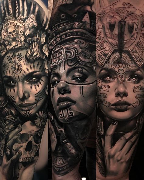 Sampaguita Jay on Instagram: "Which one is your favorite!? I’m in holiday guys, can’t wait to show you my news tattoos projects for 2022 with the opening of my new shop…" Aztec Girl Tattoo, Valkyrie Tattoo Men, Aztec Warrior Tattoo Men, Aztec Princess Tattoo, Aztec Princess, Aztec Warrior Tattoo, Aztec Tattoos Sleeve, Lion Art Tattoo, Valkyrie Tattoo