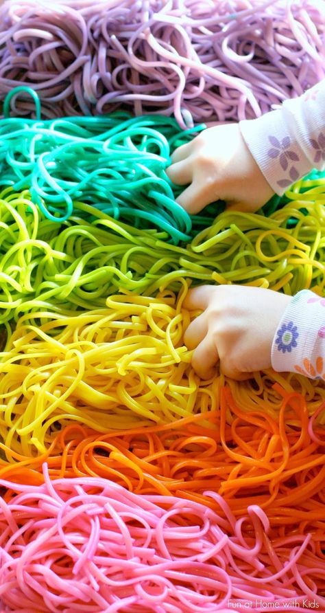 Rainbow Spaghetti Sensory Play and Fine Motor Practice from Fun at Home with Kids Spaghetti Sensory Play, Rainbow Spaghetti, Fine Motor Practice, Rainbow Activities, Halloween Infantil, Home With Kids, Kids Sensory, Mia 3, Toddler Fun