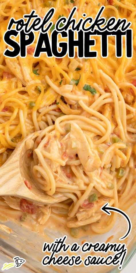 You'll dig right into this creamy and cheesy Rotel Chicken Spaghetti with tender chicken and zesty tomatoes. Another excellent dinner recipe developed in our test kitchens, straight to your kitchen table. Chicken Spaghetti With Rotel Tomatoes, Cheesy Chicken Rotel Spaghetti, Chicken Spaghetti Recipe With Rotel Easy, Dinner Recipes With Rotel, Chicken Spagetti Recipe Easy Rotel, Rotel Spaghetti Chicken, Chicken Spaghetti Stove Top, Mexican Chicken Spaghetti Recipe, Oven Chicken Spaghetti Recipe