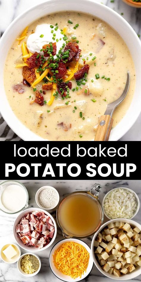 Creamy Potato Soup With Bacon And Cheddar, Potato Cheddar Bacon Soup, Hearty Potato Soup Recipes, Midwest Recipes Comfort Foods, Cream Of Potato Soup Recipes, Cheddar Bacon Potato Soup, Baked Potato Chowder, Creamy Potato Soup With Bacon, Midwest Food