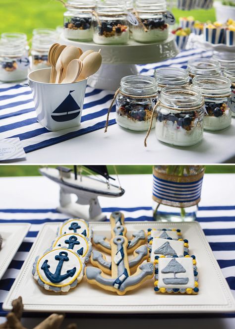 nautical baby shower blue and white desserts Fresh Granola, Blueberry Parfait, Anchor Cookies, Nautical Baby Shower Boy, Anchor Birthday, Sailing Party, Babyshower Decor, Yogurt Parfaits, Nautical Birthday Party