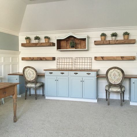 Shiplap Board And Batten, Playroom Cabinet, Psalm 16 8, I Will Not Be Shaken, Beautiful Office Spaces, Sherwin Williams Paint, Dove White, Small Home Offices, Floating Shelves Diy