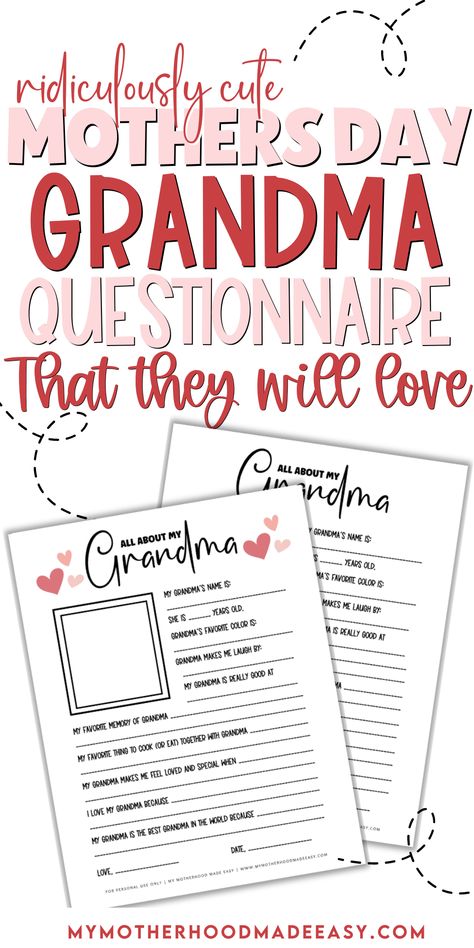 free mother’s day questionnaire    Looking for the perfect Mother’s Day Grandma Questionnaire Printable for your kids to fill out as a gift to NaNa this May season? Well, You’re in luck! Keep reading to see our Mother’s day interview questions (grandma version)! Also, don’t forget to grab our free printable questionnaire for a unique and thoughtful gift and a fun activity for young kids and their grandma to complete together. Grandma Questionnaire, May Season, Birthday Questions, Grandma Poem, I Love My Grandma, Grandma Names, Grandmas Mothers Day Gifts, Printable Activities For Kids, Grandparents Day