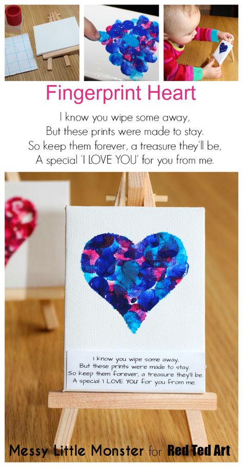 Fingerprint heart keepsake idea for valentines day or mothers day.  FREE PRINTABLE POEM. Kids craft for toddlers, preschoolers, babies, eyes .  Use a mini canvas or turn them into greeting cards. Valentines Day Poems, Fingerprint Heart, Mini Toile, Keepsake Crafts, Preschool Valentines, Mothers Day Crafts For Kids, Daycare Crafts, Valentines Day Activities, Fathers Day Crafts