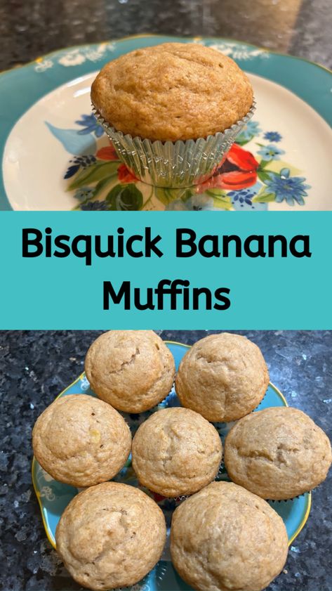 Bisquick Banana Muffins from Out of the Box Baking.com Bus Quick Banana Muffins, Quick Banana Muffins, Bisquick Banana Muffins, Bisquick Banana Bread, Bisquick Mix Recipe, Pancake Banana, Banana Muffin Recipe Easy, Banana Muffins Recipe, Banana Muffins Easy