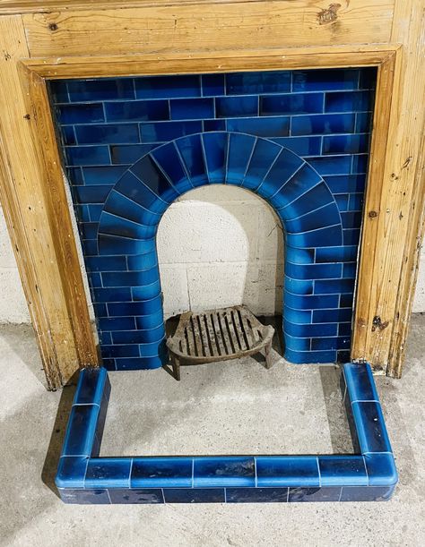 Blue Tiled Fireplace, Blue Tile Fireplace Surround, Hearth Pad, Fireplace Backsplash, Orange Tiles, Vintage Fireplace, Fire Surround, Fireplace Tile Surround, Pellet Stove