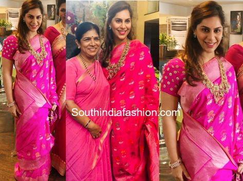 Upasana Kamineni Jewellery, Upasana Kamineni, Pink Banarasi Silk Saree, Bride Sarees, Guttapusalu Necklace, Blouse Works, Gold Haram, Saree Fashion, Beautiful Sarees