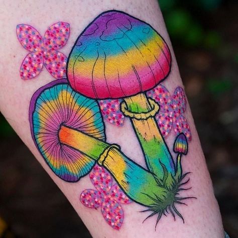 Trippy Tattoos For Women, Hippie Tattoo Ideas, Mushroom Tattoo Ideas, Sorry Mom Tattoo, Mushroom Tattoo, Colorful Tattoo, Hippie Tattoo, Mushroom Tattoos, Kawaii Tattoo