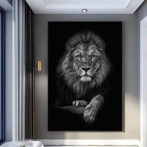 PRICES MAY VARY. 1. Size: The size of this black white king lion head portrait wall art is 16x24 inch, and there is a white edge of 0.5 cm at its edge. You can buy your favorite frame to assemble and experience the fun of DIY 2. Quality: Clear picture are printed on thick canvas, so that black and white lion picture appears vivid image, not only not easy to fade, but also and no smell, to ensure the health of you and your family 3. Decor: This wild animal prints is suitable for living room, bedr Jungle Poses, Animal Canvas Paintings, Lion Canvas Art, Black And White Lion, Wild Animals Pictures, Hal Decor, Lion Canvas, White Lion, Wall Decor Pictures