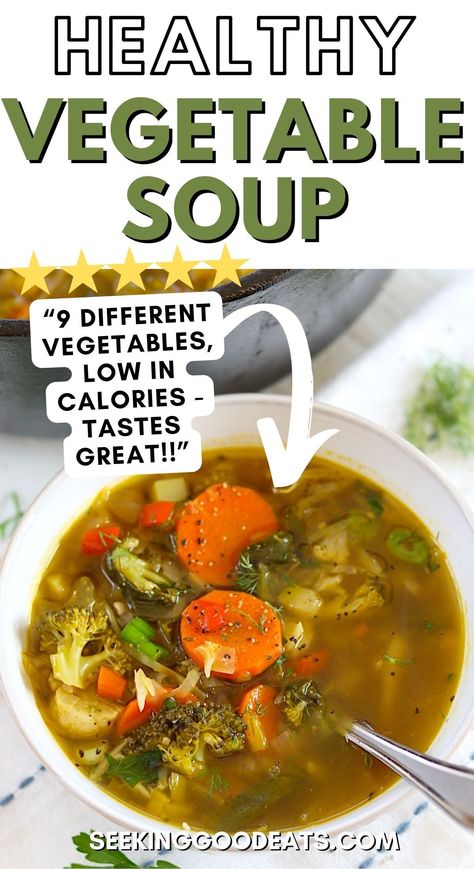 Are you looking for a delicious healthy vegetable soup recipe? Well, look no further. This delicious homemade plant-based vegetable soup is packed full of 9 different vegetables and a flavorful broth using fresh herbs. It's nutritious, low calorie, low carb, gluten-free, and vegan - with no sugar added. Clean Vegetable Soup, Alkaline Vegetable Soup, Soups With Vegetable Broth, Vegetable Soup No Tomatoes, Zero Calorie Soup, Alkaline Soups, Green Vegetable Soup, Recipes With Vegetable Broth, Healthy Vegetable Soup