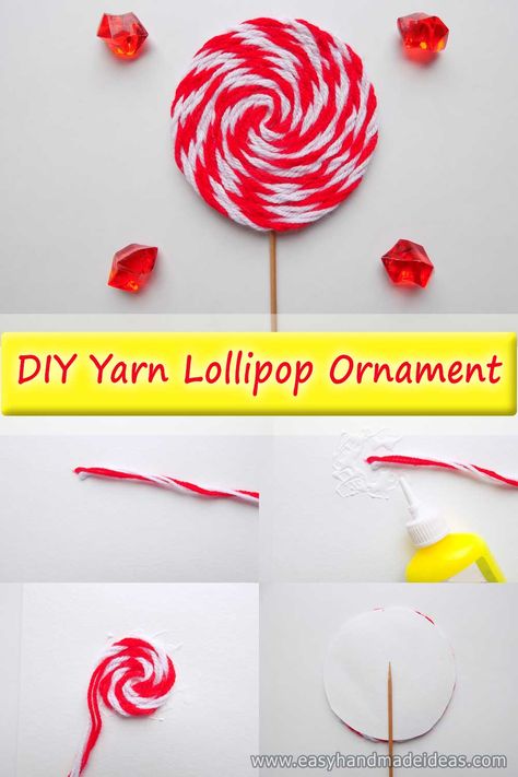 Yarn Lollipop Ornament, Yarn Lollipop, Christmas Lollipop Decorations, How To Make Lollipops, Doll Applique, Lollipops Diy, Lollipop Craft, Making Yarn, Lollipop Decorations