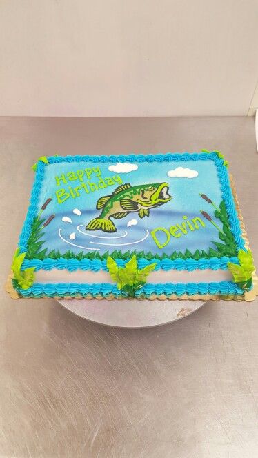 Fishing Themed Sheet Cake, Fishing Retirement Cake, Buttercream Fishing Cake, Bass Birthday Cake, Fishing Sheet Cake, Fishing Cakes For Kids, Bass Fishing Cake, Fishing Cakes For Men, Fishing Cake Ideas