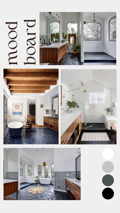 Clean and Simple Mood Board with accents of greens and blues. Dark flooring with wood tones added on the ceiling as beams. Dark Flooring, Dark Floors, Dark Wood Floors, Wood Tones, Bathroom Remodel, Dark Wood, Wood Floors, Mood Boards, Bathrooms Remodel