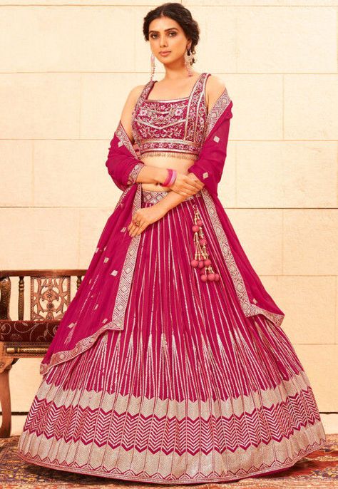 Long Choli Lehenga, Lehenga Pink, Heavy Lehenga, Georgette Lehenga, Stitched Lehenga, Lehenga Gown, Georgette Dupatta, Lehenga Style, Net Lehenga