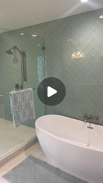 Rebecca Ward Design | Sacramento, CA | Designing everyday luxury on Instagram: "This bathroom was powder pink EVERYTHING when we first came onto the project. The tub deck was massive with a small dark walled-in shower next to it… not the best! The whole bathroom had a major makeover, but we especially love how this blue glass herringbone tile feature wall turned out 💙" Tile Feature Wall, Tub Deck, Pink Everything, Herringbone Tile, Dark Wall, Everyday Luxury, Everyday Luxuries, Powder Pink, Feature Wall