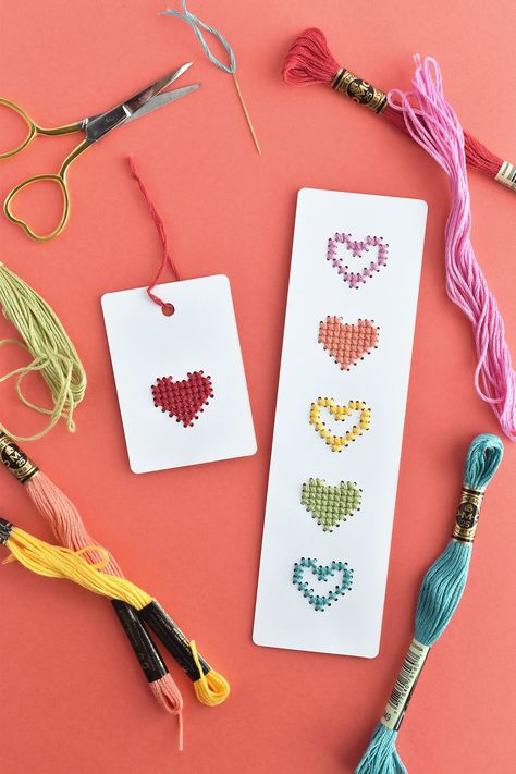 Heart Cross Stitch, Wild Olive, Heart Bookmark, Cross Stitch Bookmarks, Cross Stitch Heart, Mini Cross Stitch, Paper Embroidery, Heart Tag, Cross Stitch Cards