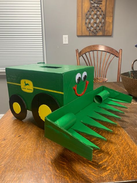 Trash Can Valentine Box Ideas, Combine Valentine Box Ideas, John Deere Valentine Box Ideas, Barn Valentines Boxes, Valentines Box Monster Truck, Homemade Valentine Boxes, Christmas Gift Themes, Valentines Class Party, Kids Valentine Boxes