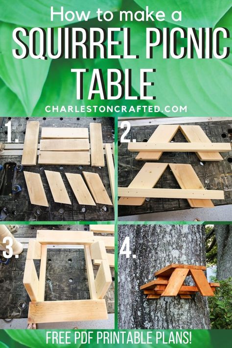 How to make a squirrel picnic table Squirrel Picnic Table Feeder Diy Plans, Diy Squirrel Picnic Table Feeder, Squirrel House Diy, Squirrel Picnic Table Feeder, Squirrel Table, Squirrel Feeder Diy, Picnic Table Woodworking Plans, Squirrel Picnic Table, Squirrel House