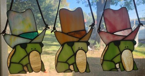 new lullabies - stained glass cowboy frog with cotton candy hat by... Stained Glass Cowboy, Cowboy Frog, Rootin Tootin, Orange Hat, Orange Hats, Glass Pieces, Cow Boy, Soldering, Suncatchers